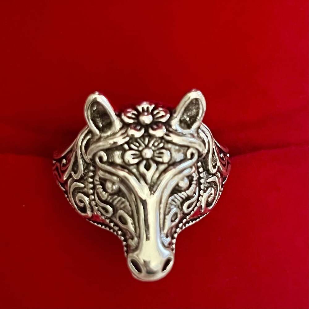 Vintage Design Titanium Steel Silver Horse Floral Head Ring Size 9
